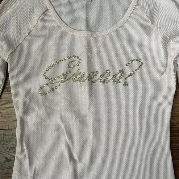 Guess Y2K Blush Pink ribbed Waffle Knit Rhinestone Logo Top Women M Coquette - Picture 2 of 6